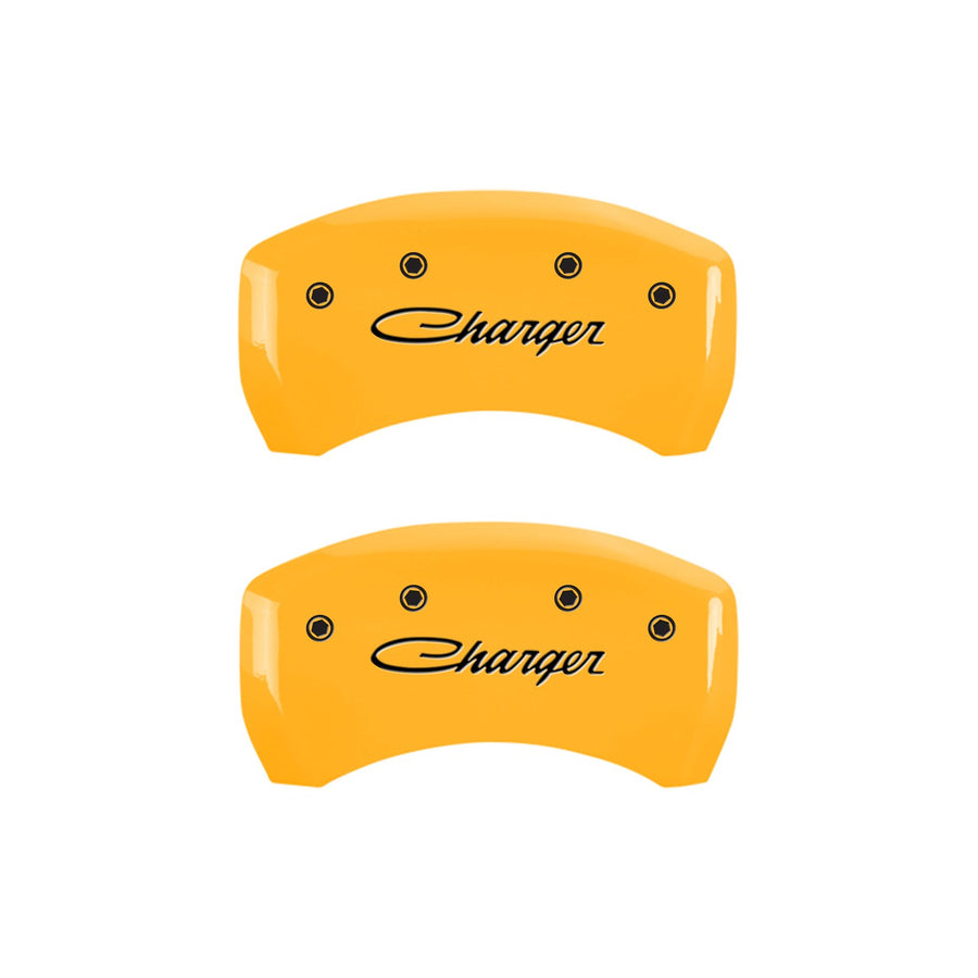 Caliper Covers MGP 12162SCHSYL Yellow (Set of 4, Engraved Front and Rear: Cursive/Charger, Yellow powder coat finish, black characters)