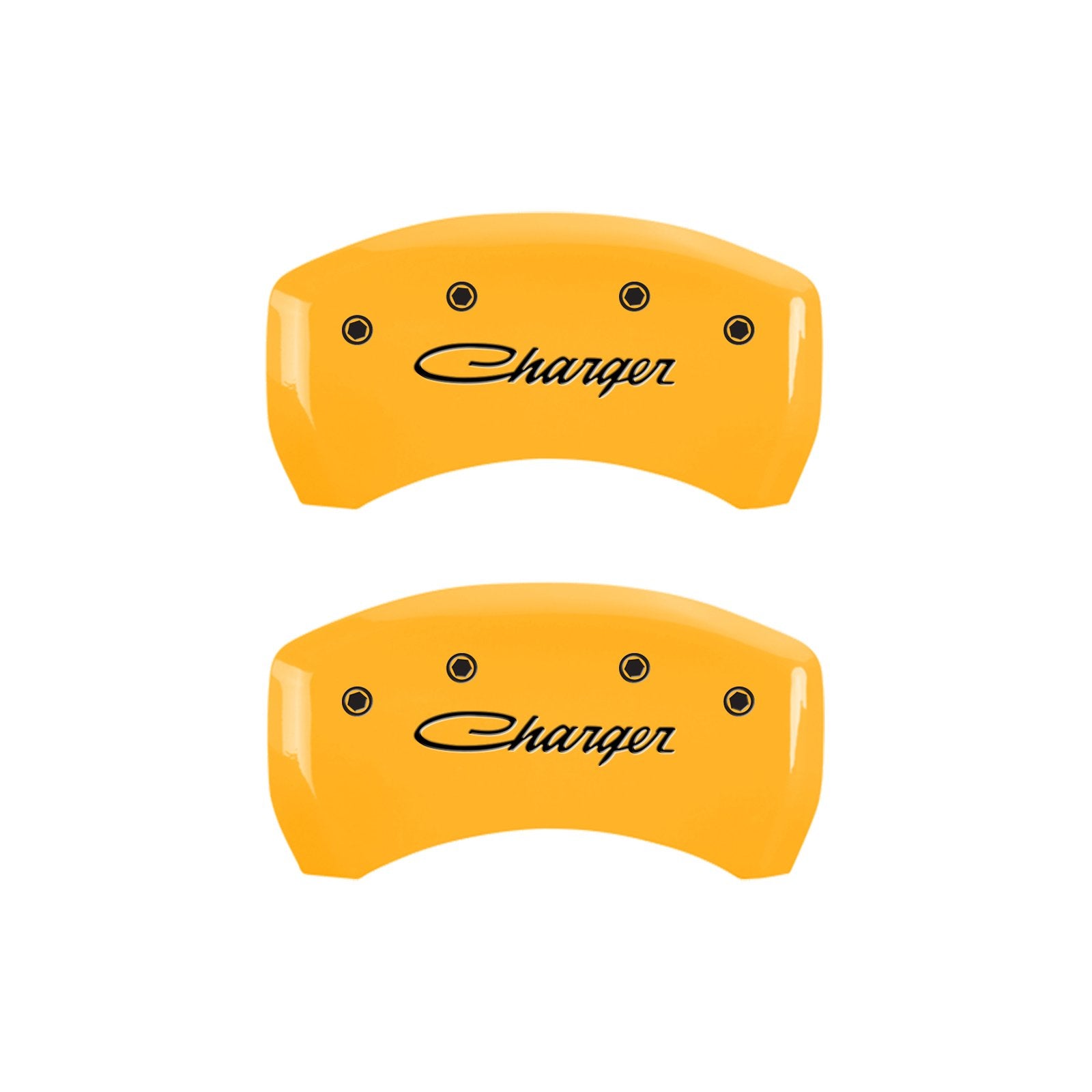 MGP Caliper Covers with Compatible 2011-2023 Dodge Charger and Challenger (Requires 18"+ Wheels & Single Piston Front Caliper) 4 PCS Front and Rear (Yellow - Charger Cursive Engraving)