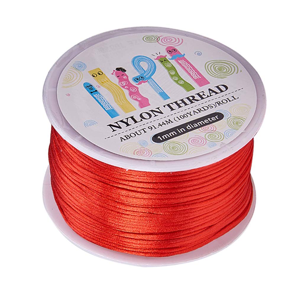 1 Roll JEWELEADER About 100 Yards Rattail Nylon Thread Cord 1mm Shiny Satin Trim Cord Chinese Knotting Beading Cord for DIY Jewellery Making Macrame Kumihimo Shamballa Friendship Bracelets - Red