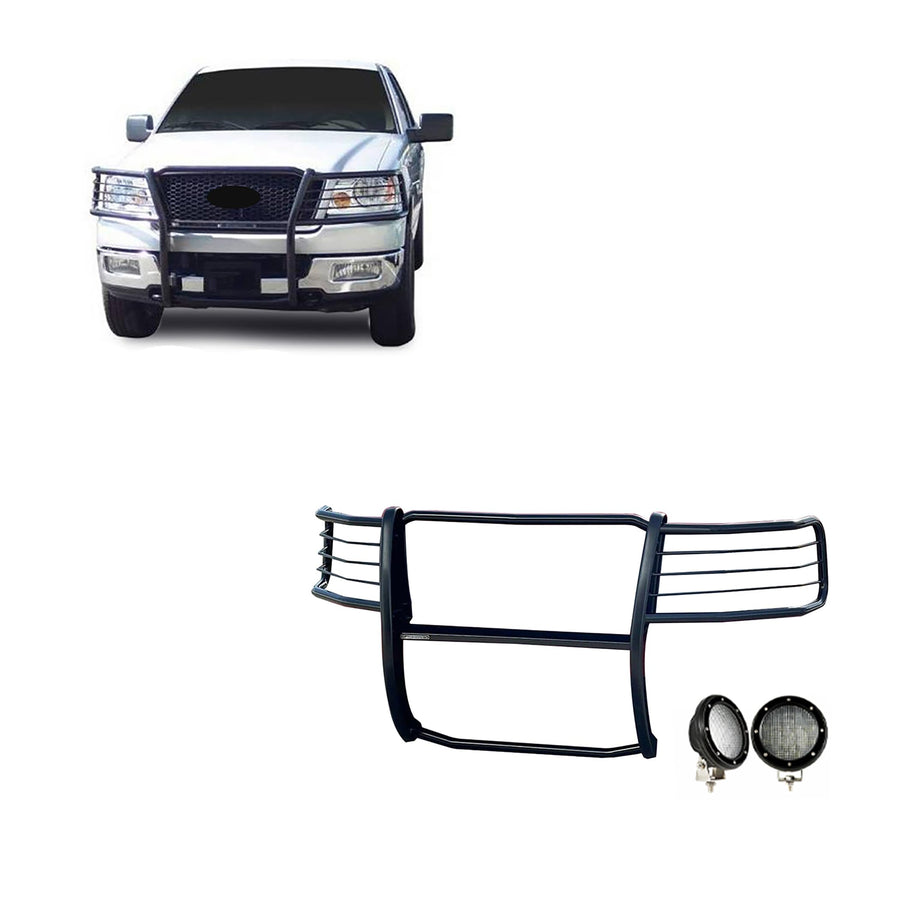 Bumper Guard Black Horse Grille Brush Modular Black Come with Pair of 5.3" Dia.LED Lights with Black Trim Rings Compatible with 2004-2008 Ford F-150-17FP28MA-PLFB