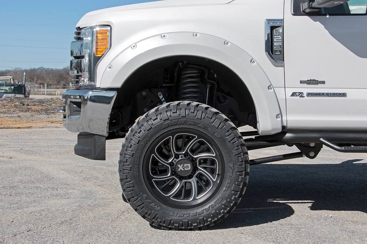 Pocket Fender Flares Rough Country for Ford F-250/F-350 Super Duty (2017-2022) - Bolt-on Rivet Style Wheel Flares, Flat Black (Set of 4)