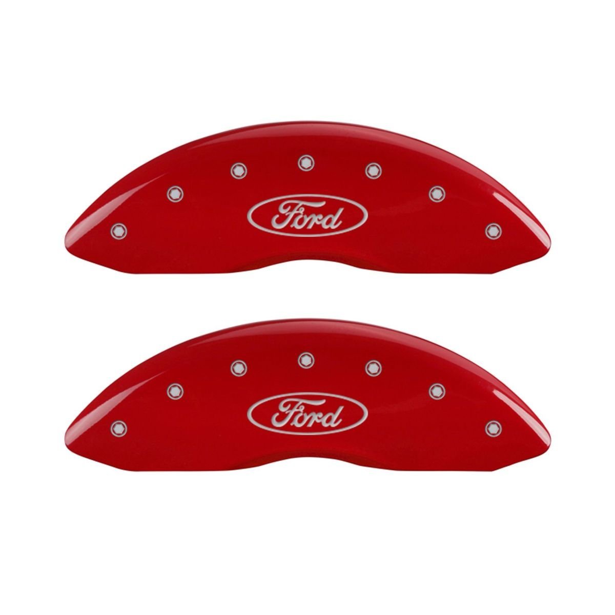 SET OF 4 CALIPER COVERS, OVAL LOGO/FORD, FRONT AND REAR, RED, SILVER CHARACTERS