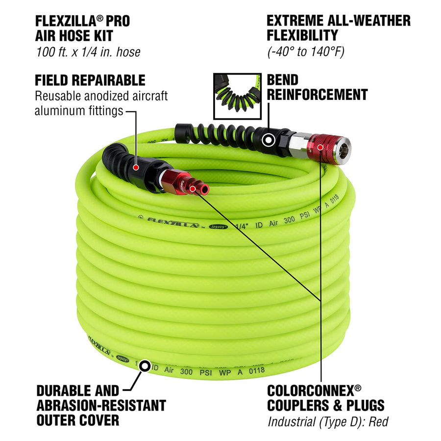 Flexzilla Pro Air Hose with Industrial Type D ColorConnex Coupler and Plug, 1/4 in. x 100 ft. - HFZP14100YW2-D