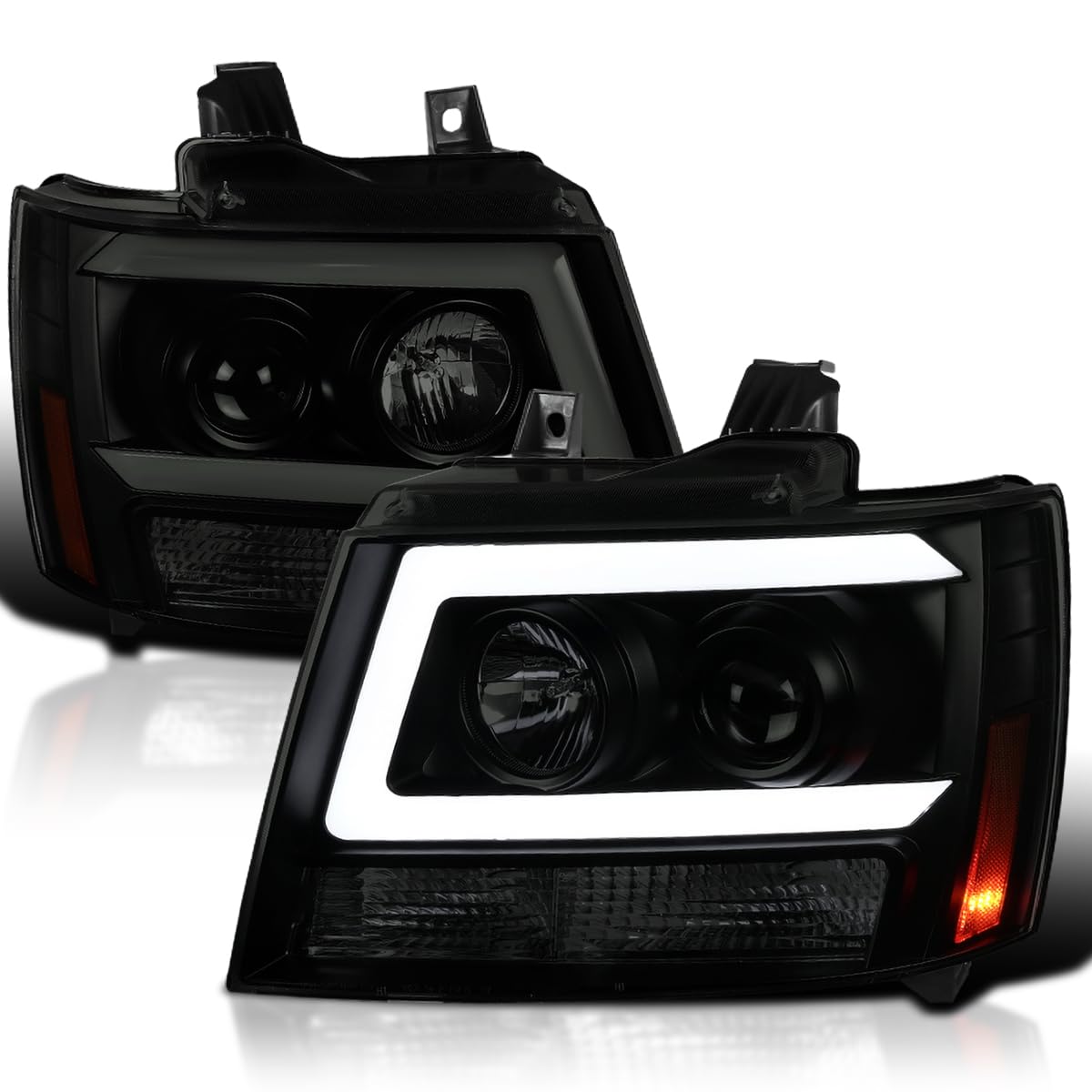 Black Smoke LED Light Bar Projector Headlights SPEC-D TUNING Compatible with 2007-2014 Chevy Avalanche, Tahoe, Suburban, Left + Right Pair Headlamps Assembly