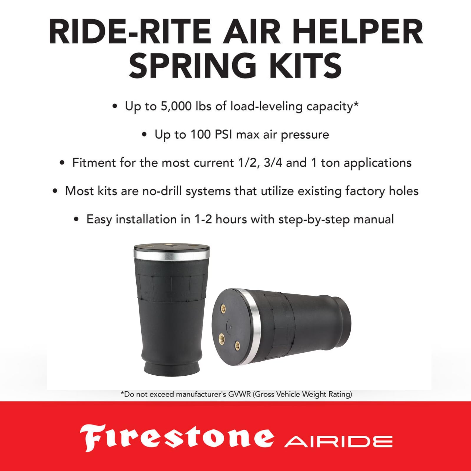 Firestone 2558 Ride-Rite Rear Air Springs Kit Airide fits 2005-2020 Frontier | 5-100 PSI | Load Capacity of 5,000 Pounds | Enhances Brake Effectiveness | Reduces Tire Wear