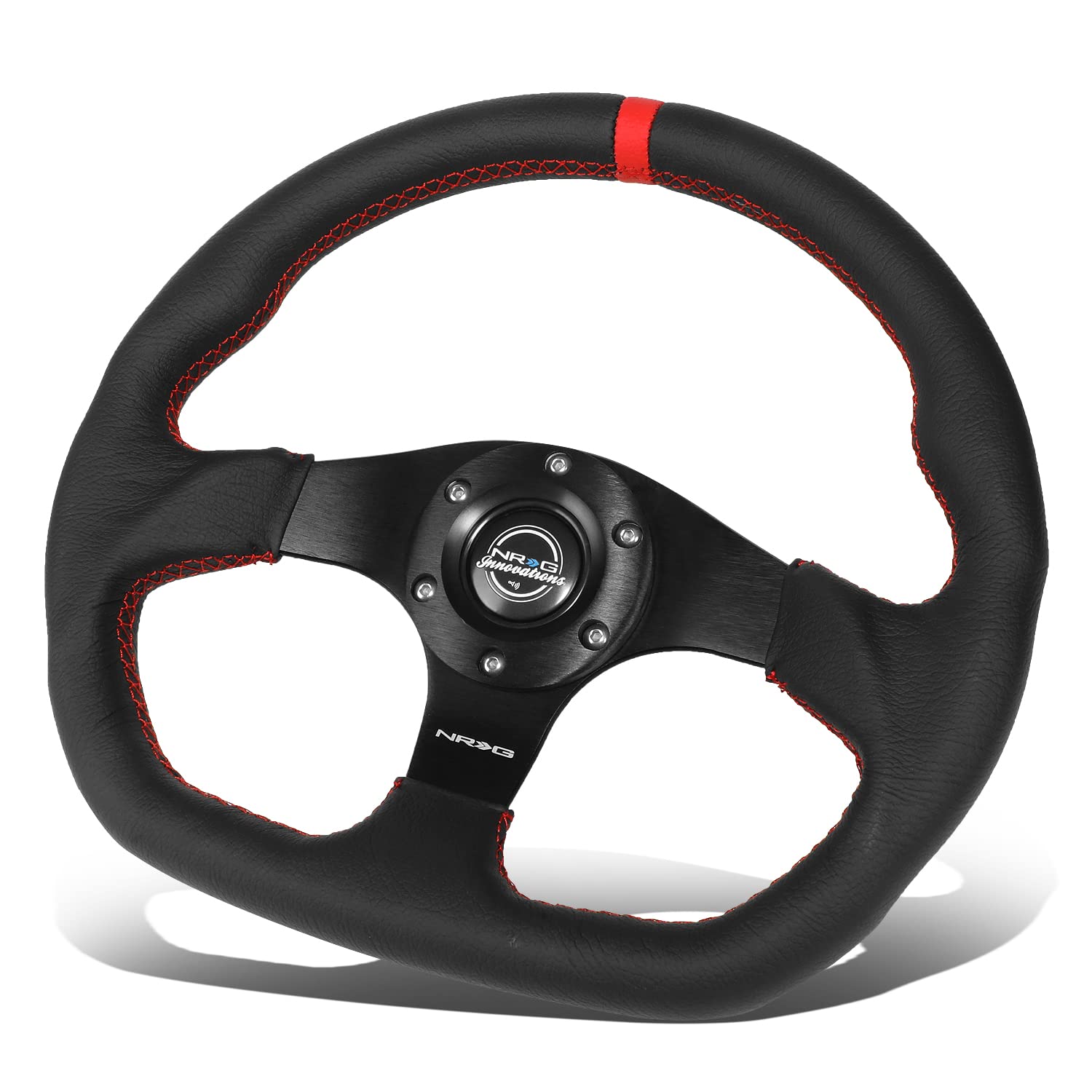 NRG Innovations Reinforced Steering Wheel NRG-RST-024MB-R-RD - 320mm Sport Leather Flat Bottom with Red Center Mark, Red Stitching