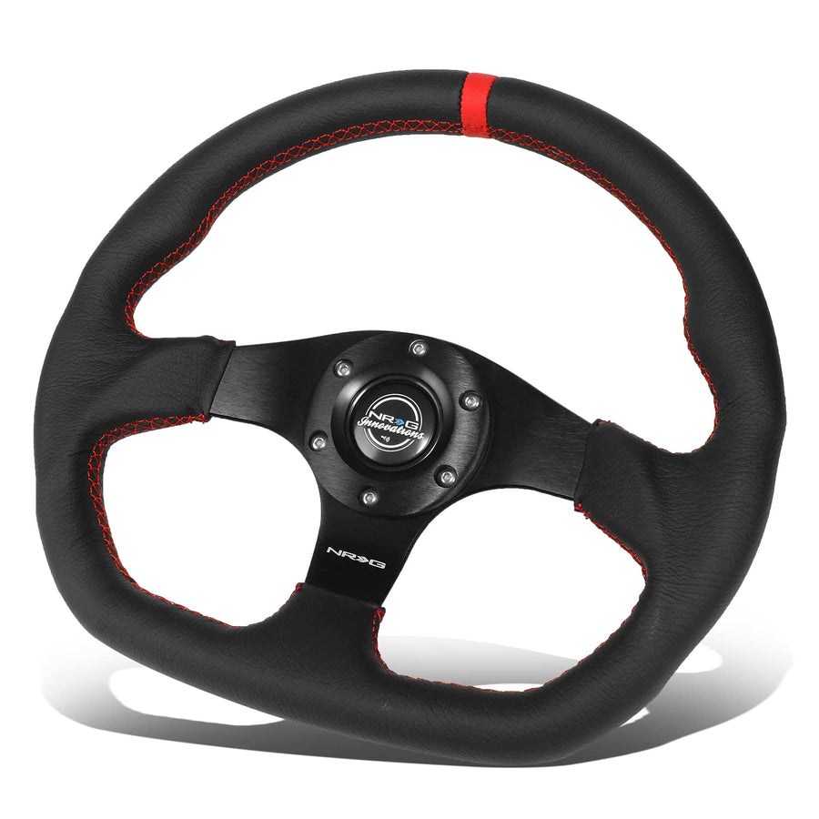 NRG Innovations Reinforced Steering Wheel NRG-RST-024MB-R-RD - 320mm Sport Leather Flat Bottom with Red Center Mark, Red Stitching