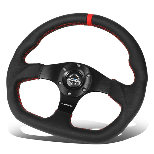 NRG Innovations Reinforced Steering Wheel NRG-RST-024MB-R-RD - 320mm Sport Leather Flat Bottom with Red Center Mark, Red Stitching