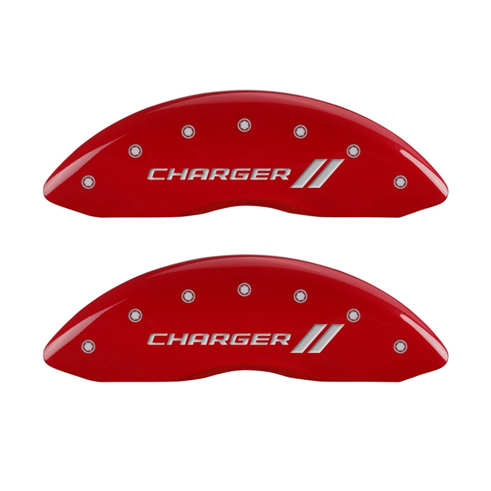 MGP Caliper Covers 'Charger ll' 12088SCH1RD Engraved Caliper Cover with Red Powder Coat Finish and Silver Characters, (Set of 4)