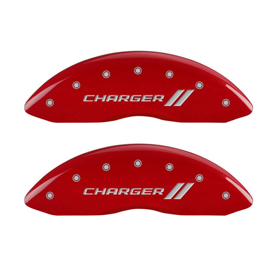 MGP Caliper Covers 'Charger ll' 12088SCH1RD Engraved Caliper Cover with Red Powder Coat Finish and Silver Characters, (Set of 4)