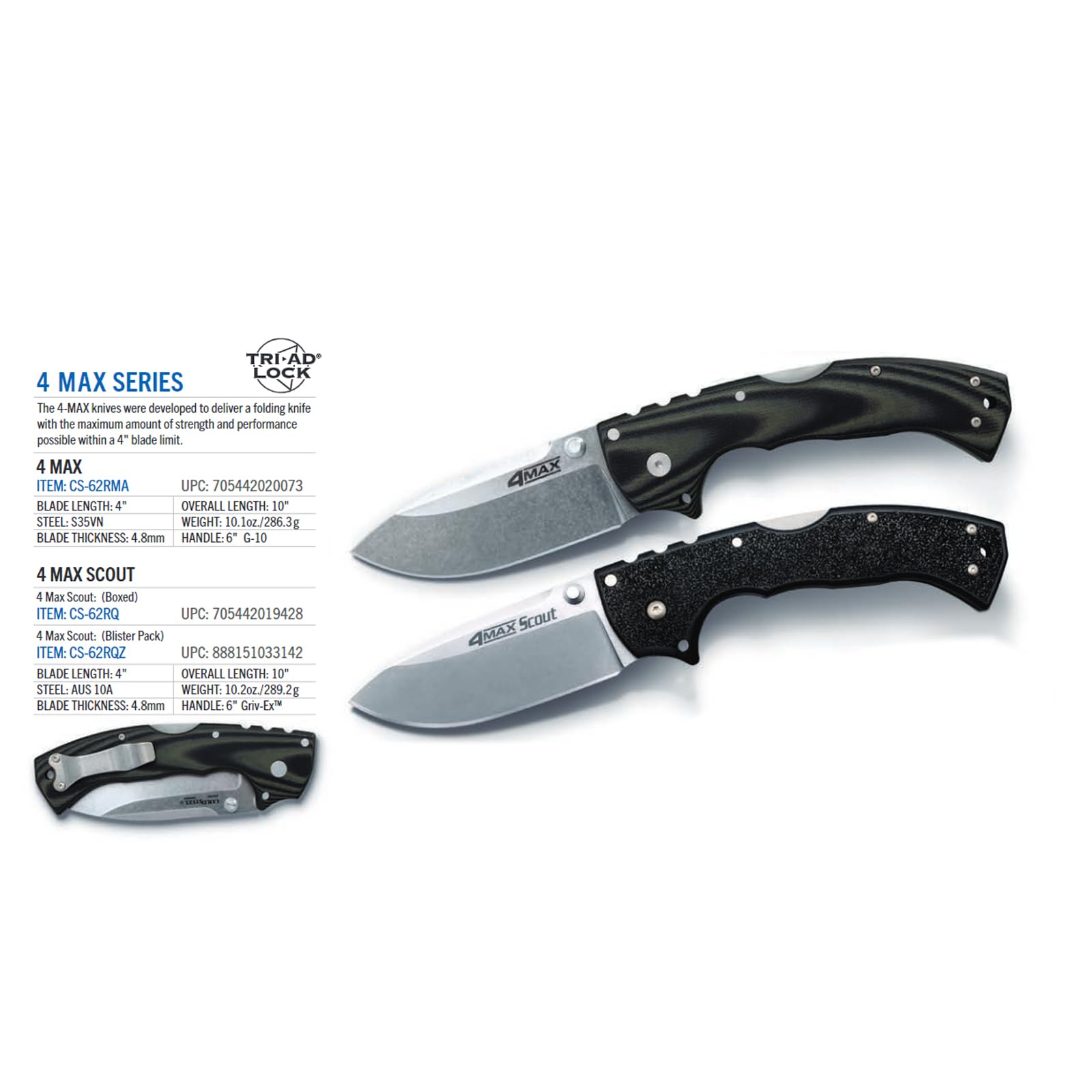 4-Max Elite COLD STEEL Tactical Pocket Folding Knife w/Tri-Ad Locking Mechanism and G-10 Handle Scales 4 in S35VN Steel Blade