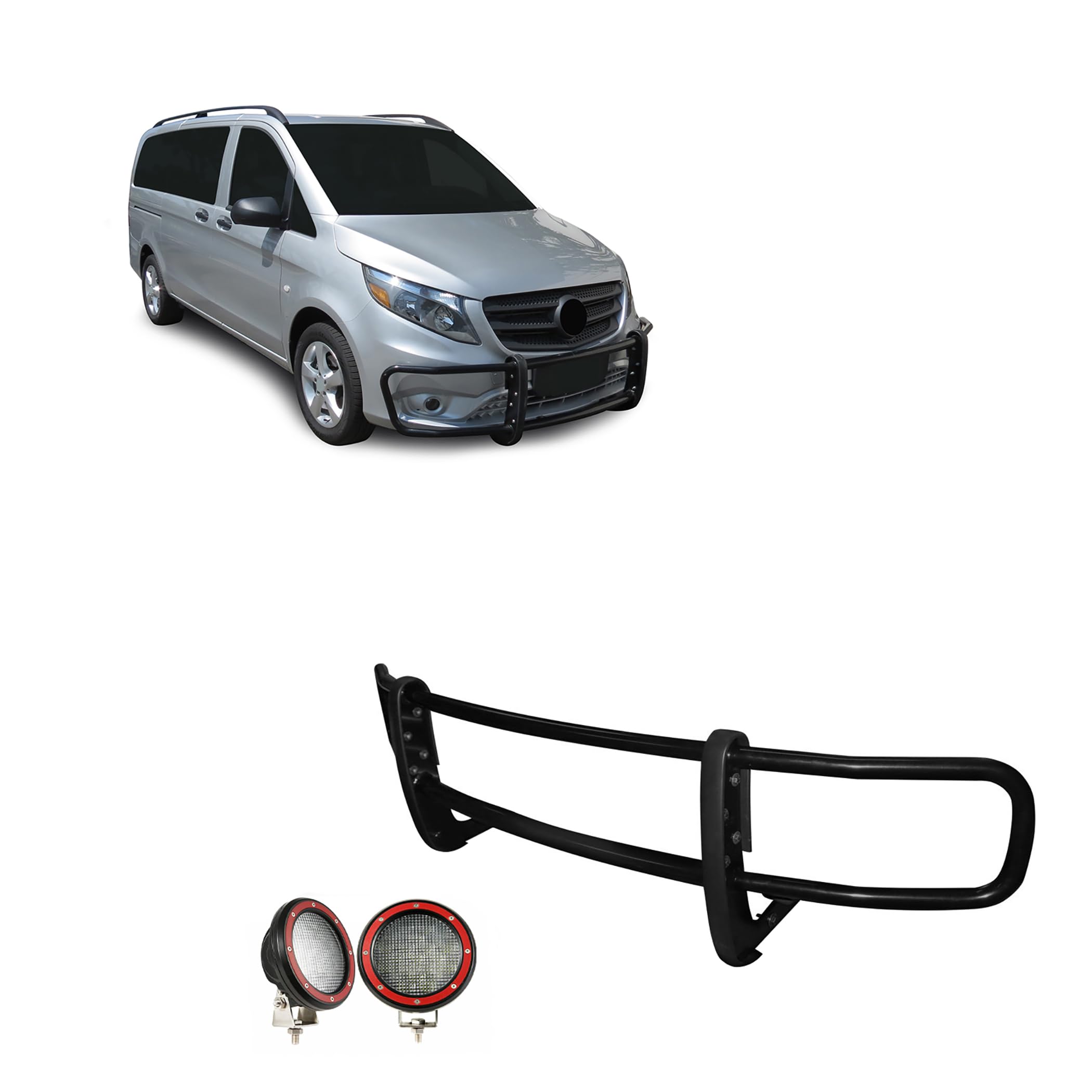 Spartan Black Horse Grille Brush Bumper Guard Modular Black Come with Pair of 5.3" Dia.LED Lights with Red Trim Rings Compatible with 2016-2023 Mercedes-Benz Metris-17MBMEMA-PLFR
