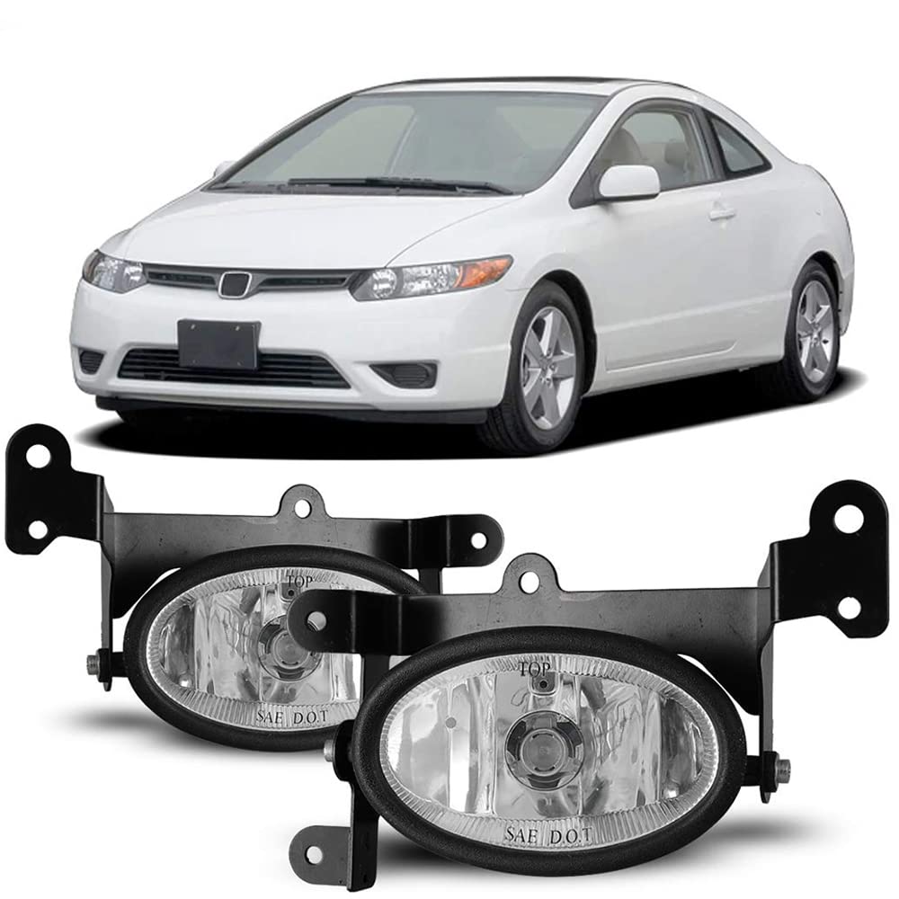 Fog Lights Winjet Compatible With 2006-2008 Honda Civic | Polycarbonate Resin Clear With Wiring Kit Foglight Foglamp Lamps Halogen | 2007