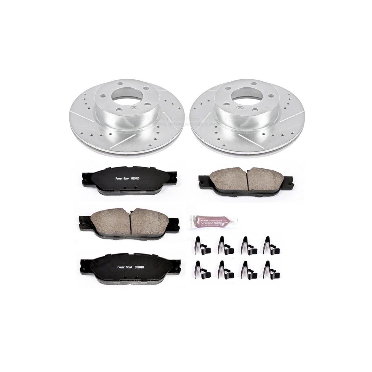 Power Stop K6346 Z23 Carbon Fiber Brake Pads with Drilled & Slotted Brake Rotors Kit and 1 Front Sensor Wire For BMW 128i 2010-2013 [Model Specific]
