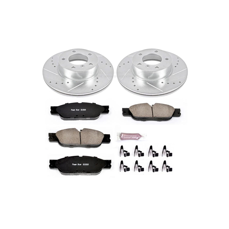 Power Stop K6346 Z23 Carbon Fiber Brake Pads with Drilled & Slotted Brake Rotors Kit and 1 Front Sensor Wire For BMW 128i 2010-2013 [Model Specific]