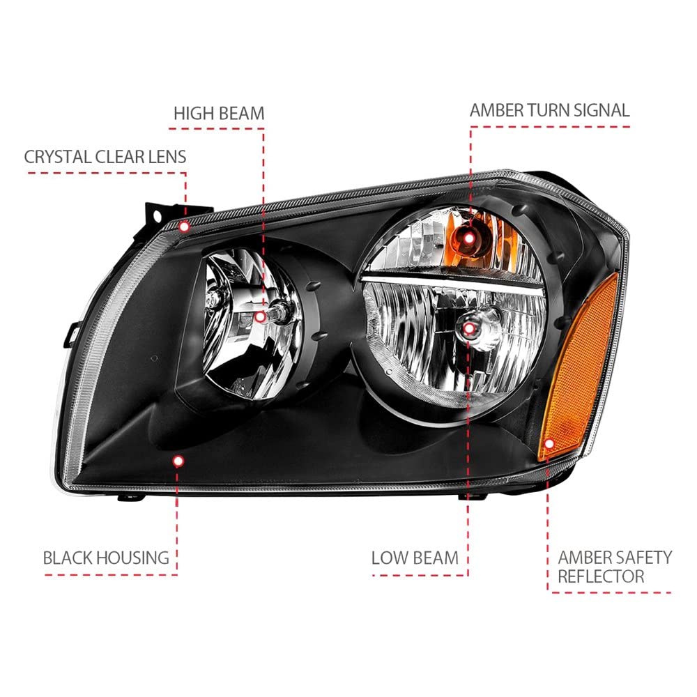 2005-2007 ANZO Compatible with Dodge Magnum Crystal Headlight Black Amber