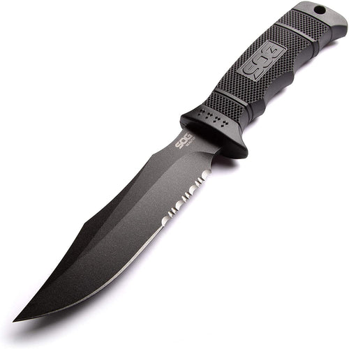 SOG Fixed Blade Knives - Tactical Knife Seal Pup Survival Knife and Hunting Knife w/ 4.75 Inch Blade and MOLLE Knife Sheath & GRN Grip (M37N-CP), black