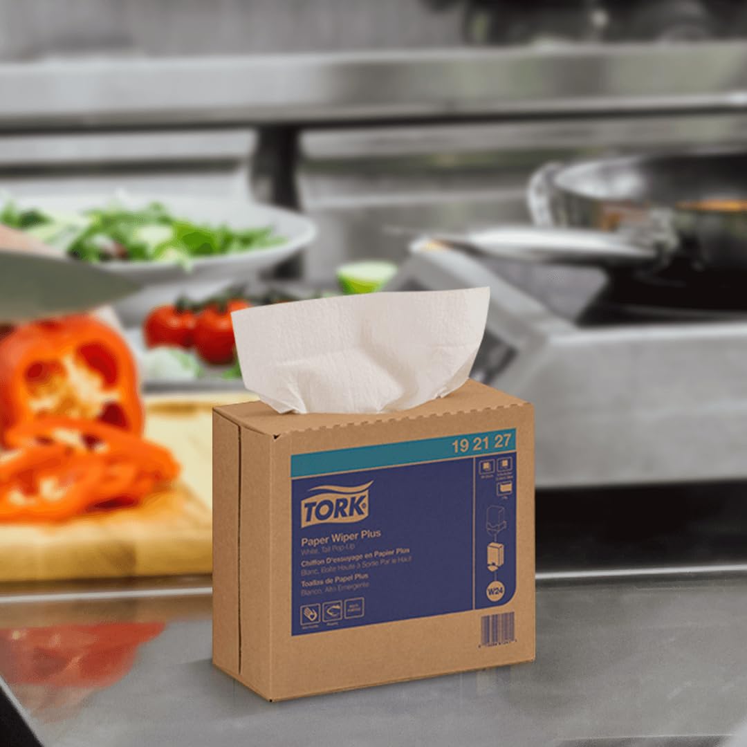 Tork Paper Wiper Plus 192127, Pop-Up Box, 1-Ply, 9.25" Width x 16.25" Length, White (Case of 8 Boxes, 100 per Box, 800 Towels)