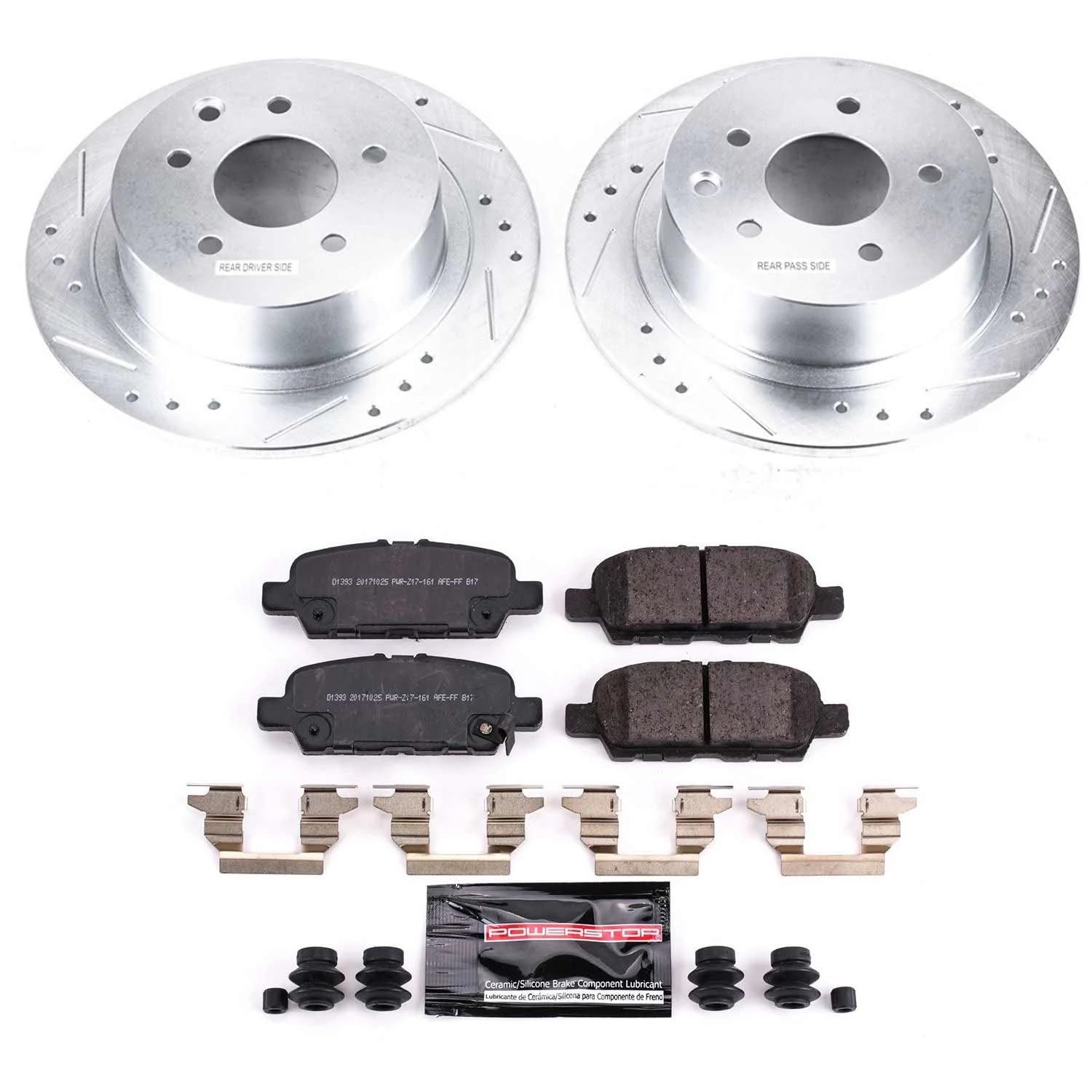 Power Stop K8335 Z23 Carbon Fiber Brake Pads Rear with Drilled & Slotted Brake Rotors Kit For Nissan Sentra 2019 [Model Specific]