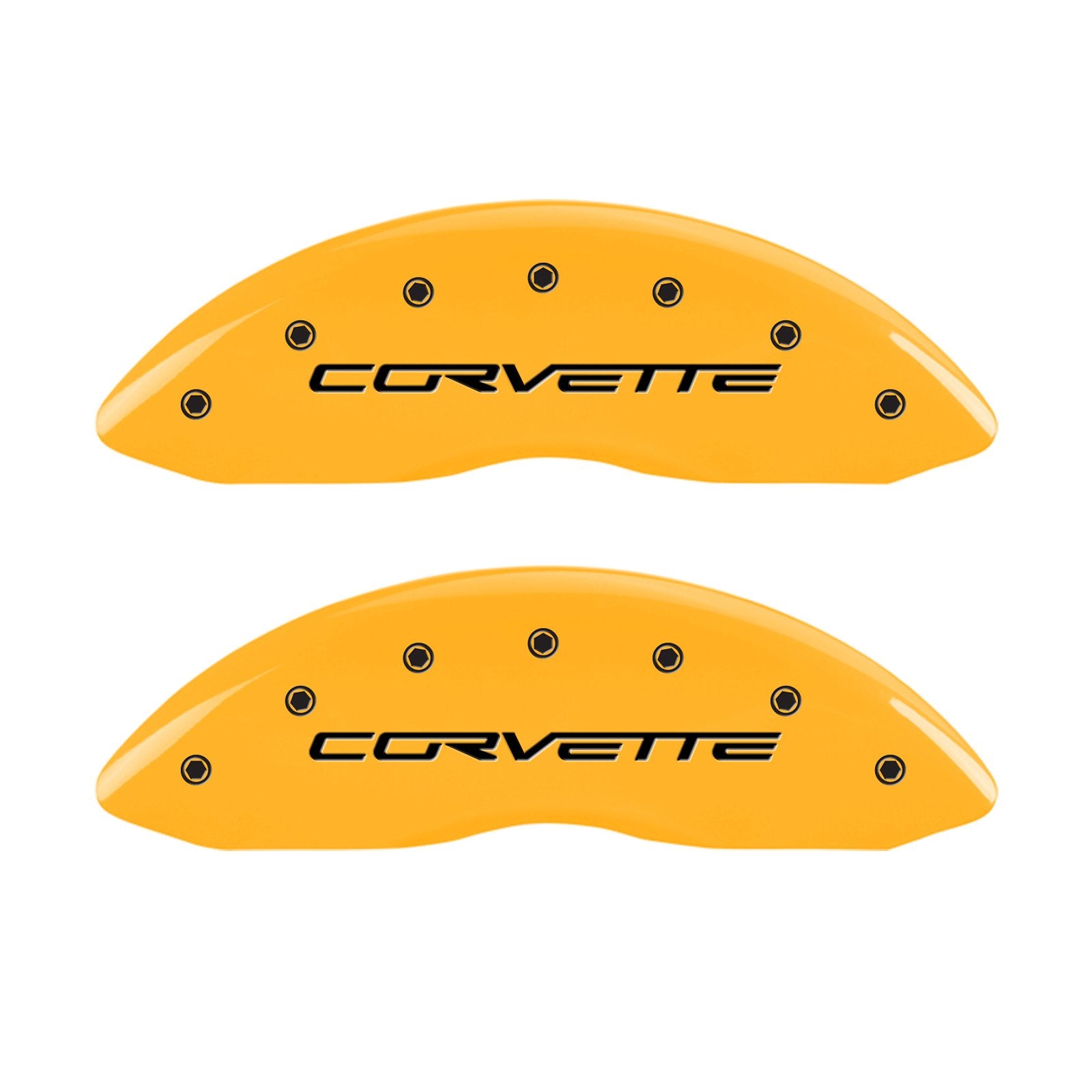 Caliper Covers MGP 13083SCV6YL Yellow (Set of 4, Engraved Front and Rear: C6/Corvette, Yellow powder coat finish, black characters)