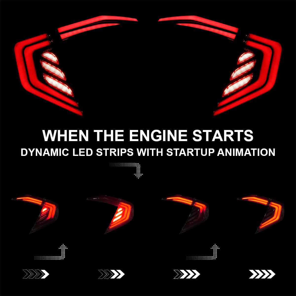 Glossy Black Smoke SPEC-D TUNING Tail Lights w/Red LED Bars, Sequential LED Turn Signal, and Startup Animation Compatible with 2016-2021 Honda Civic 4-Door Sedan, Left + Right Pair Assembly