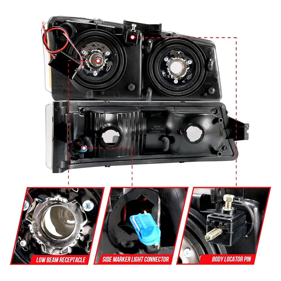 SILVERADO ANZO 1500/2500/3500 03-07/1500/2500/3500 CLASSIC 07/AVALANCHE W/O BODY CLADDING 02-06 HEADLIGHTS W/SIGNAL LIGHT BLACK HOUSING AMBER (4 PCS) (W/C LIGHT BAR) 111501