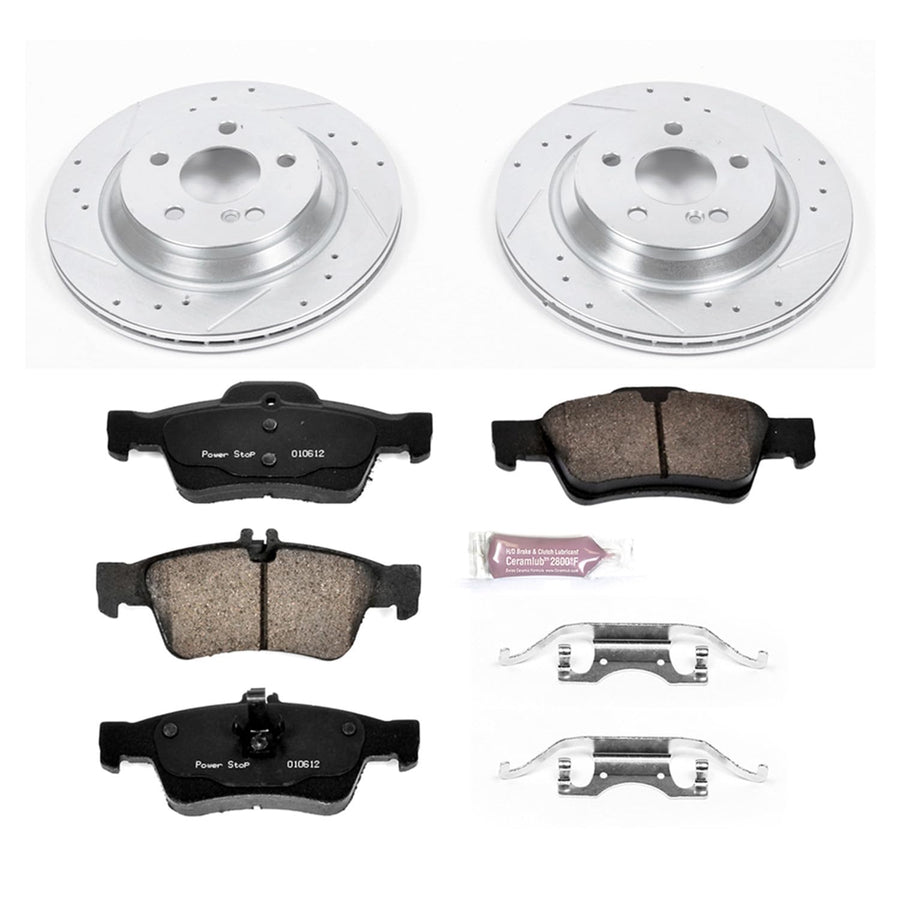 Power Stop K6567 Rear Brake Pads Z23 Carbon Fiber with Drilled & Slotted Brake Rotors Kit and 1 Rear Sensor Wire For Mercedes-Benz S430 2003-2006 [Model Specific]