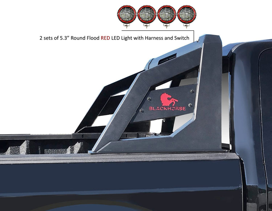 Roll Bar Black Horse Armour Incl. Set of 5.3" Dia.LED Lights w/Red Trim Rings Matte Black Compatible with 01-06 Chevrolet Silverado 3500|07-22 Silverado 3500 HD/GMC Sierra 3500 HD|07-24 Toyota Tundra