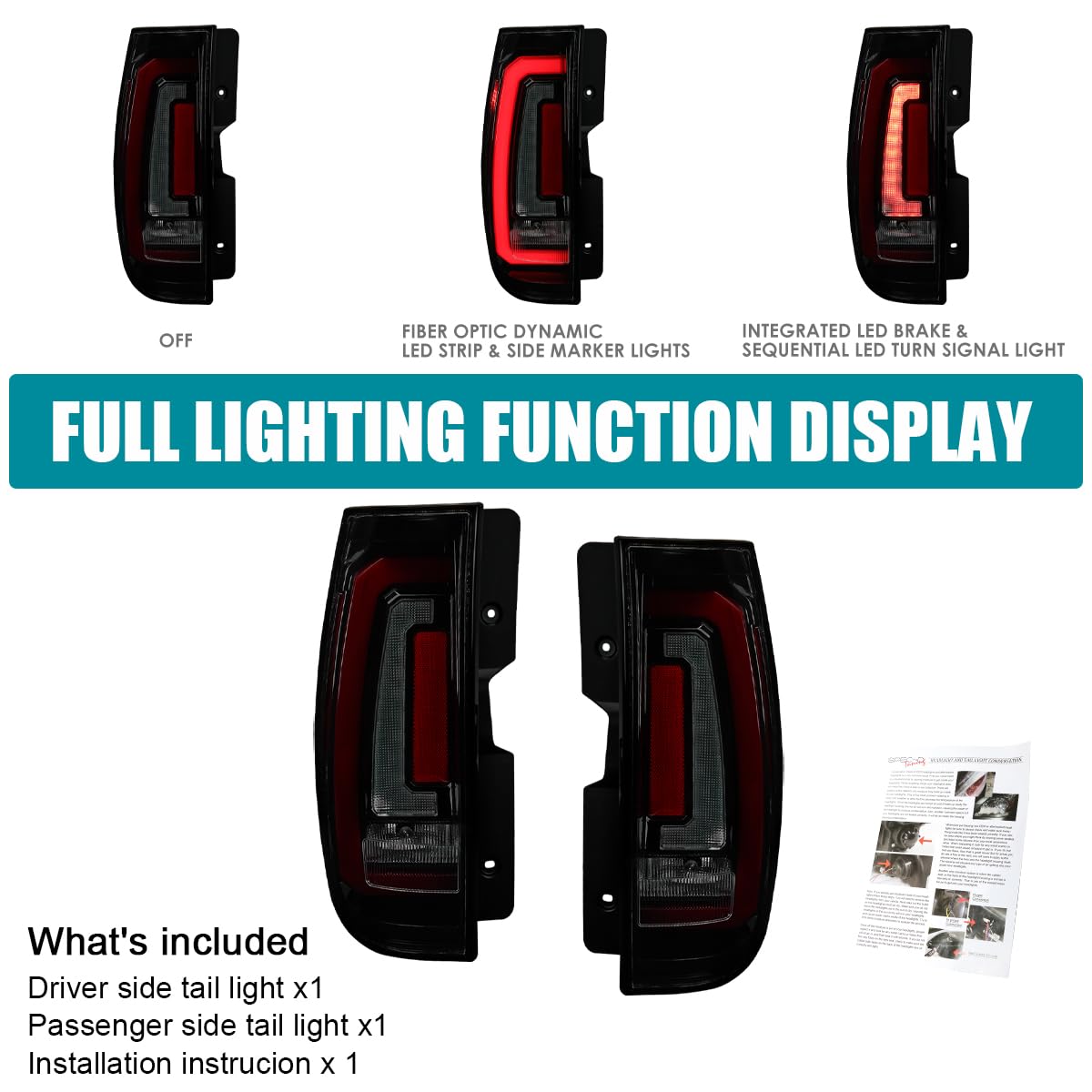 Glossy Black Smoke SPEC-D TUNING Tail Lights w/Red LED Sequential Turn Signals and Startup Animation Compatible with 2007-2014 Chevy Tahoe, Suburban, GMC Yukon/Denali/XL, Left + Right Pair Assembly