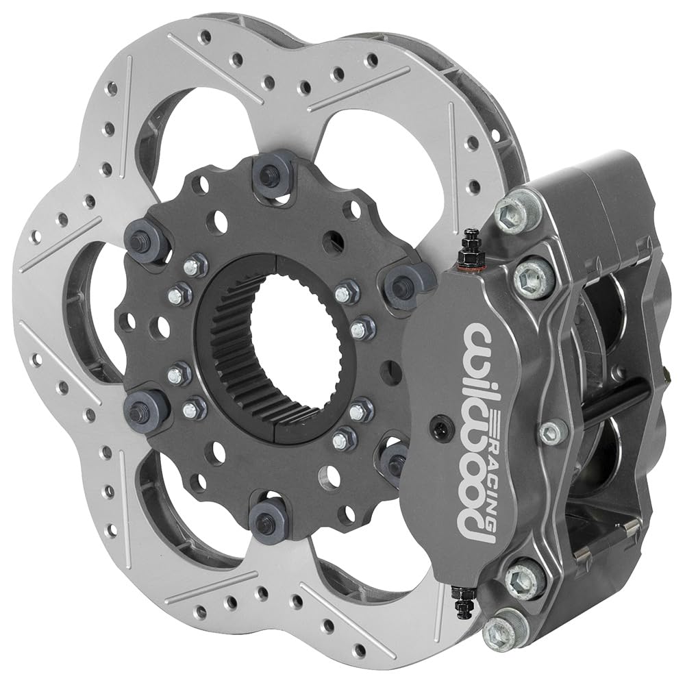 Wilwood Brake System, Rear Billet Narrow Dynalite, 10.5 in Drilled/Slotted/Scalloped Steel Rotor, 3.5 in x 38 Spline Car Hat, Aluminum, Gray Anodized, Kit