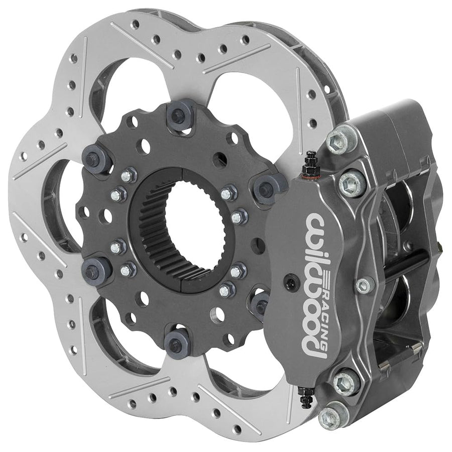 Wilwood Brake System, Rear Billet Narrow Dynalite, 10.5 in Drilled/Slotted/Scalloped Steel Rotor, 3.5 in x 38 Spline Car Hat, Aluminum, Gray Anodized, Kit