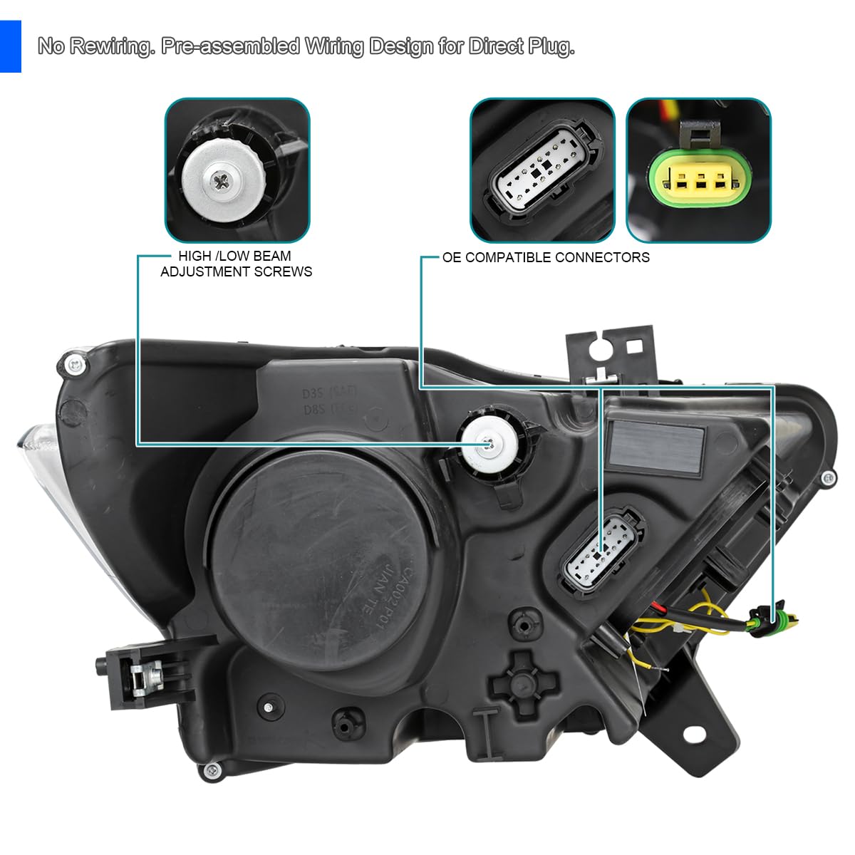 Black Smoke SPEC-D TUNING HID/Xenon Projector Headlights w/Fiber Optic Sequential Switchback LED Strip, Startup Animation Compatible with 2015-2017 Ford Mustang Models, Left + Right Pair Headlamps