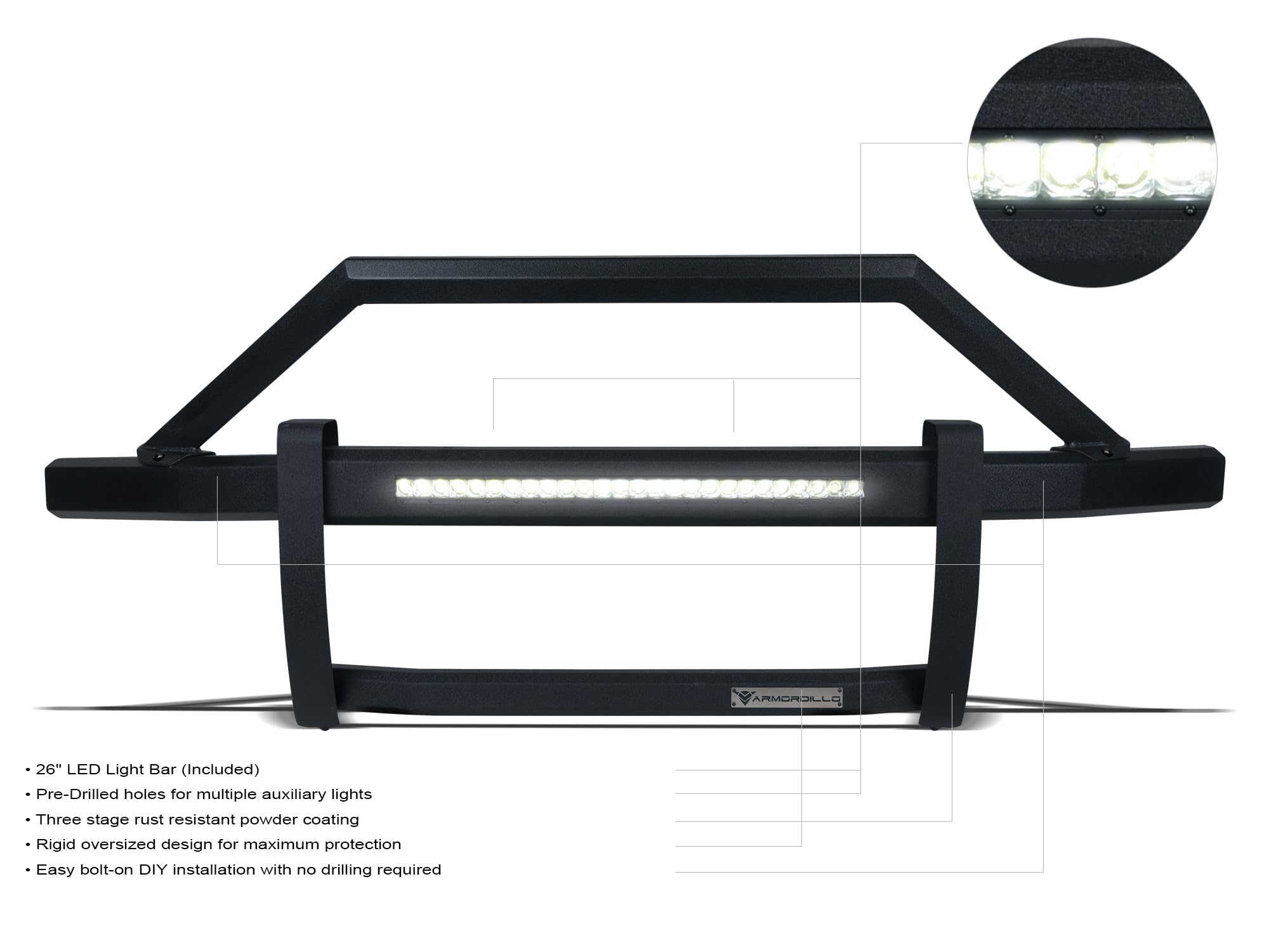 Armordillo ARX LED Pre-Runner Guard With Compatible 2019-2024 Dodge Ram 2500/3500|8734254|Textured Black|Pre-Runner Grille Guard|Bumper Guard|26" LED Light Bar