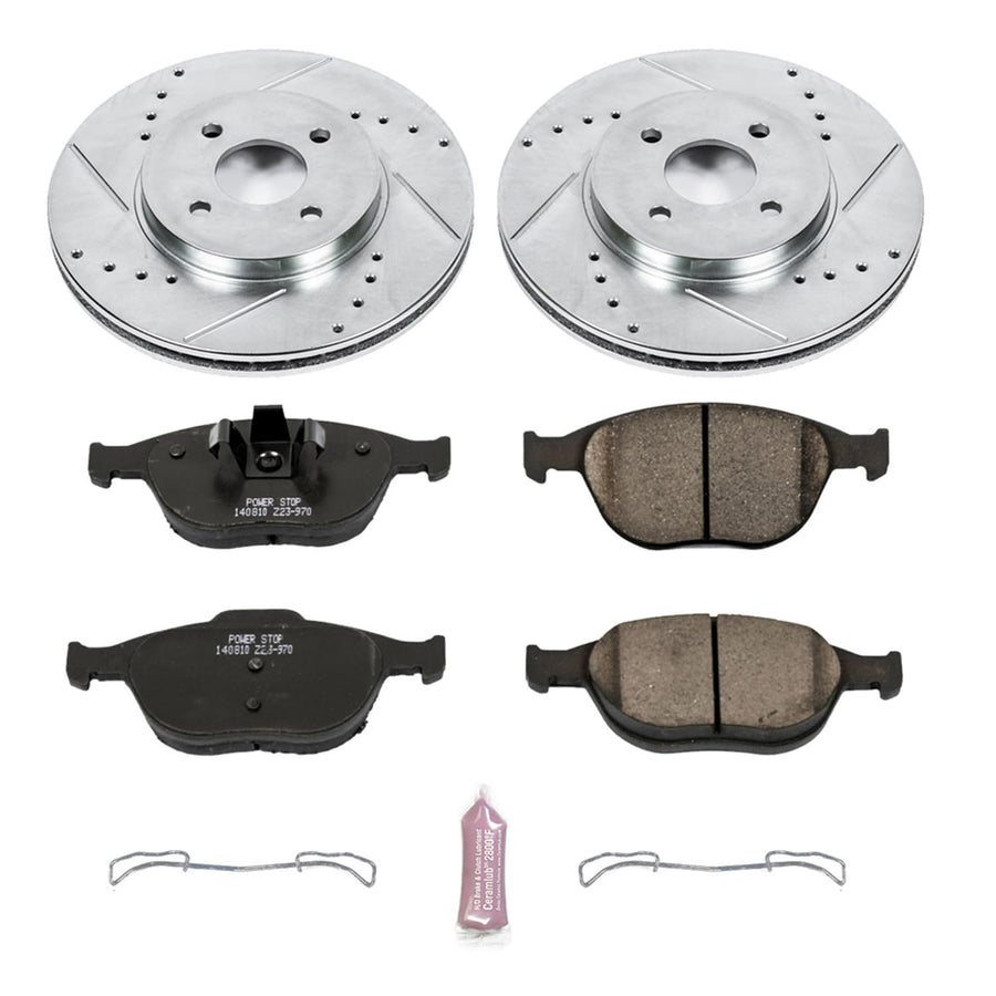 Power Stop K5101 Z23 Carbon Fiber Brake Pads Front with Drilled & Slotted Brake Rotors Kit For Ford Focus 2002-2004 [Model Specific]