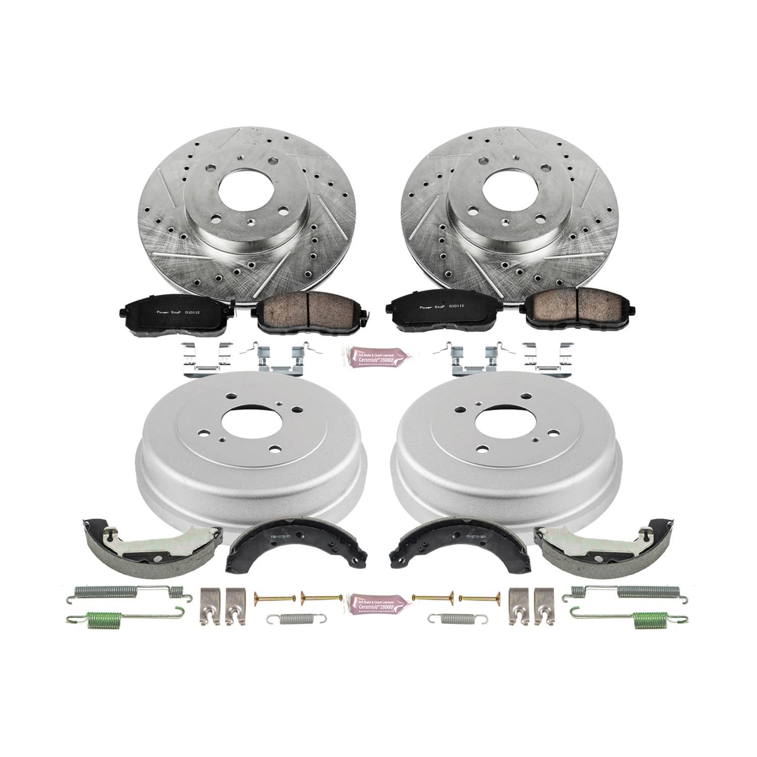 Power Stop K15207DK Z23 Carbon Fiber Brake Pads Front and Rear with Drilled & Slotted Brake Drums Kit For Nissan Altima 2000-2001 [Model Specific]