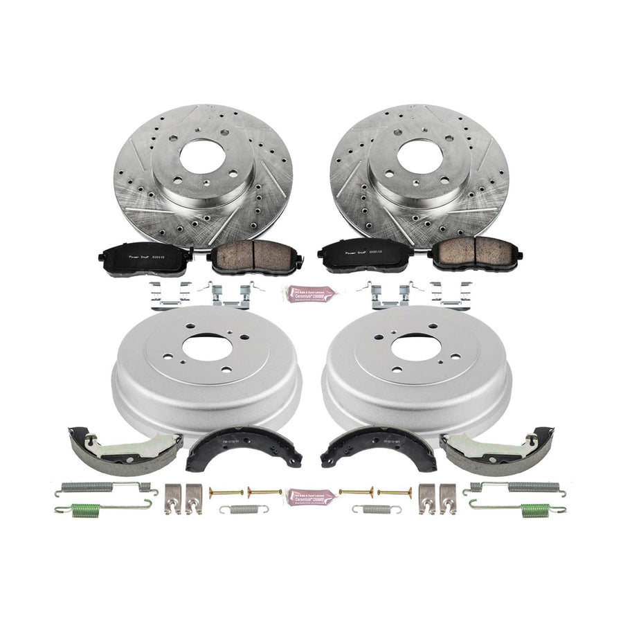 Power Stop K15207DK Z23 Carbon Fiber Brake Pads Front and Rear with Drilled & Slotted Brake Drums Kit For Nissan Altima 2000-2001 [Model Specific]