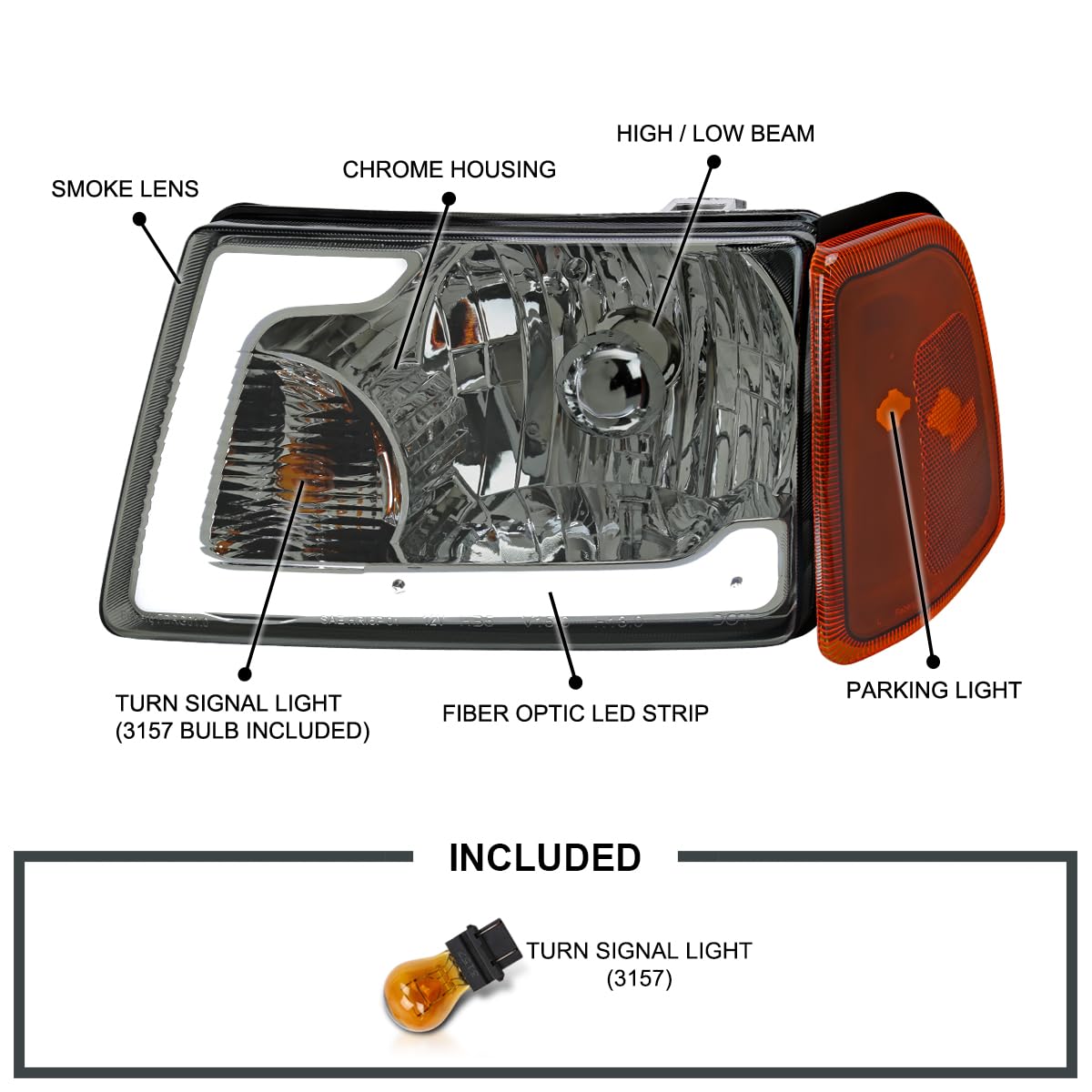Smoke LED Tube Headlights SPEC-D TUNING Compatible with 2001-2011 Ford Ranger, Left + Right Pair Headlamps Assembly
