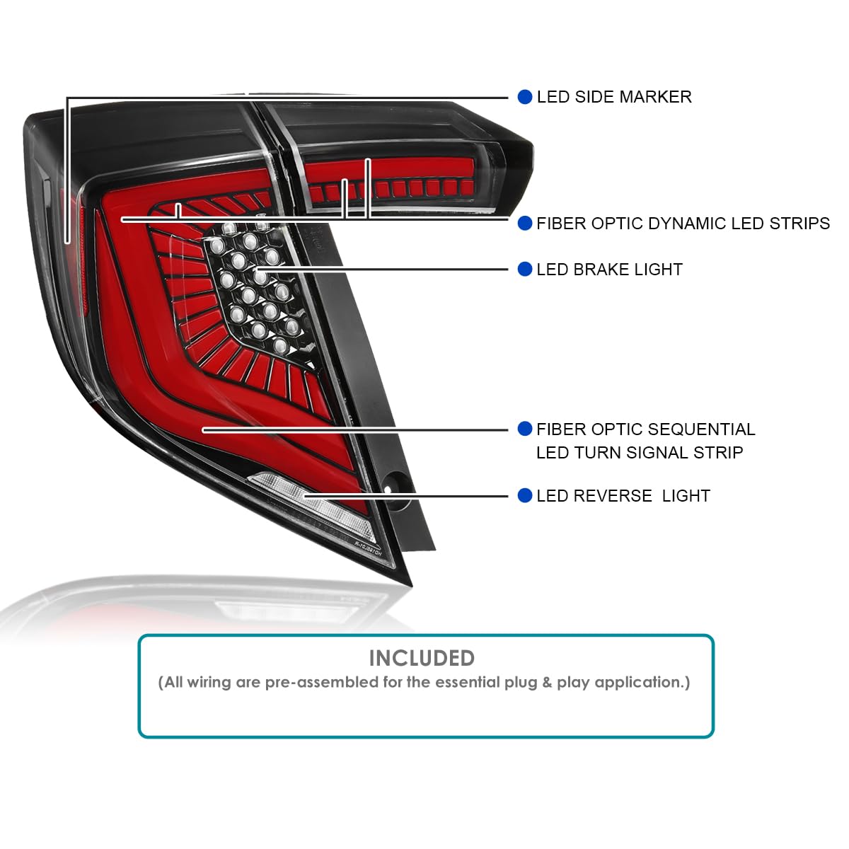 Jet Black LED Tail Lights SPEC-D TUNING w/LED Sequential Turn Signals Compatible with 2017-2021 Honda Civic Hatchback, Left + Right Pair Headlamp Assembly