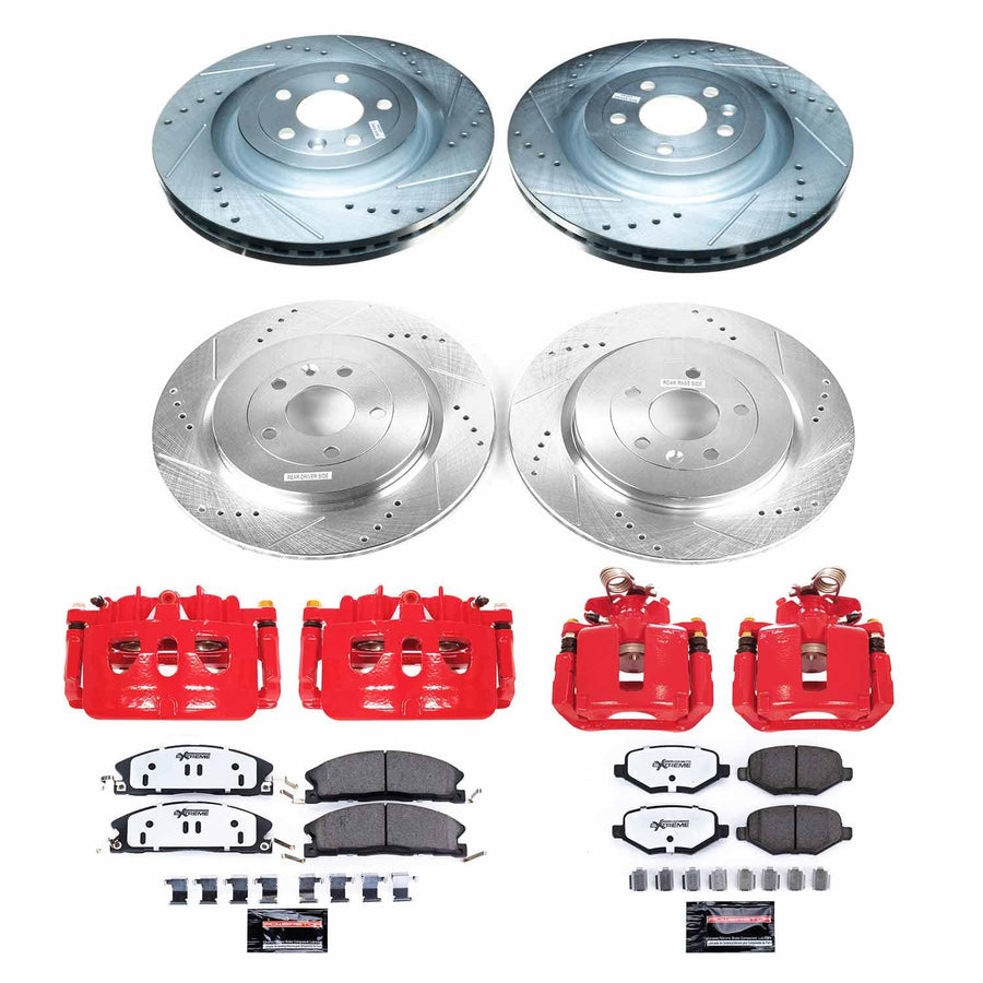 Power Stop Z36 Truck & Tow Brake Pad and Rotor Kit with Red Powder Coated Calipers KC7573-36 Front and Rear