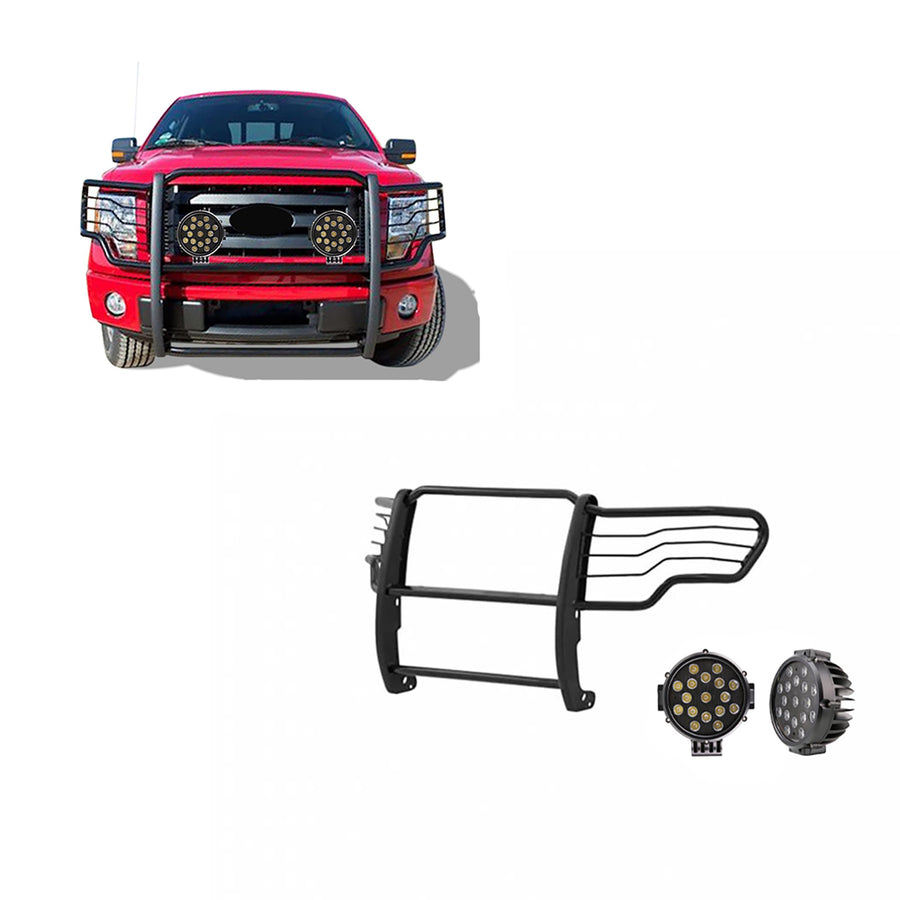 Grille Brush Black Horse Bumper Guard Modular Black Come with Pair of 7.0" Dia.LED Lights with Black Trim Rings Compatible with 2009-2014 Ford F-150-17FP30MA-PLB