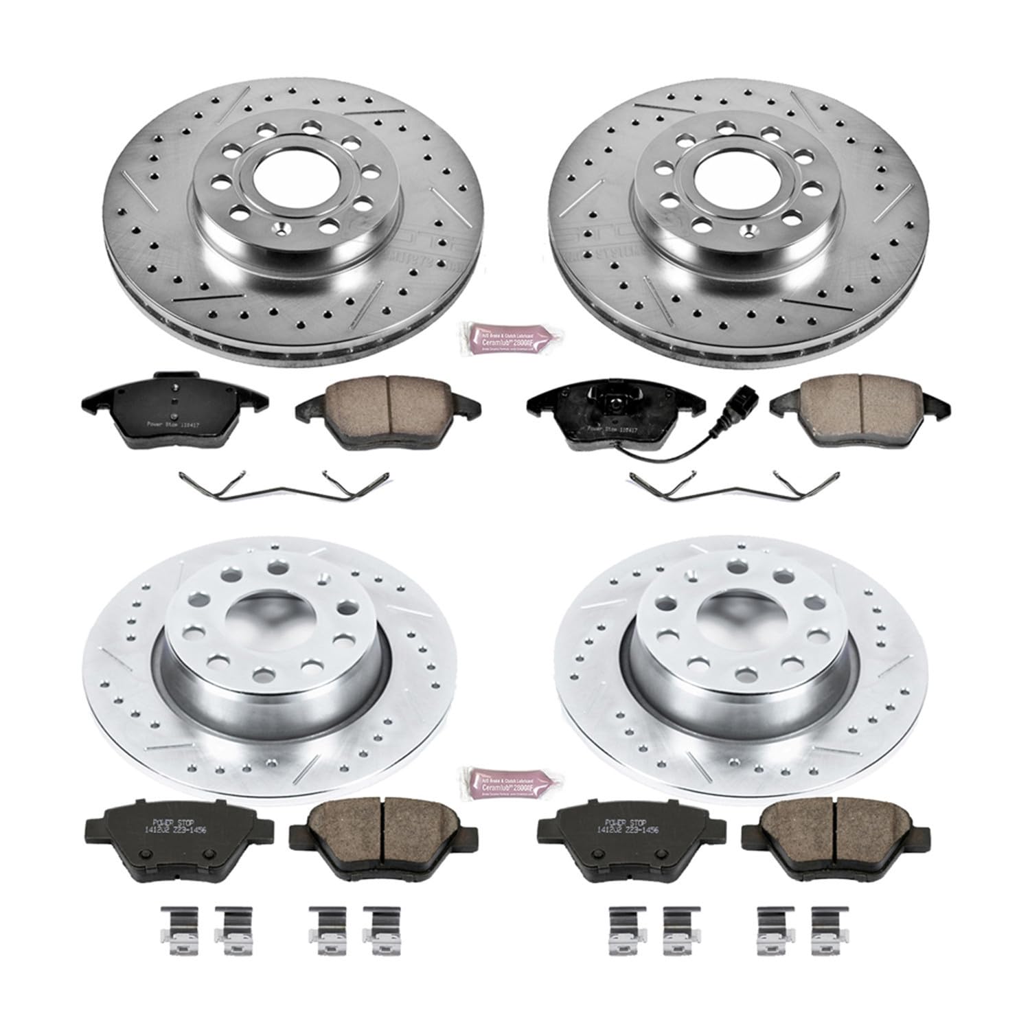 Power Stop K5747 Z23 Carbon Fiber Brake Pads Front and Rear with Drilled & Slotted Brake Rotors Kit