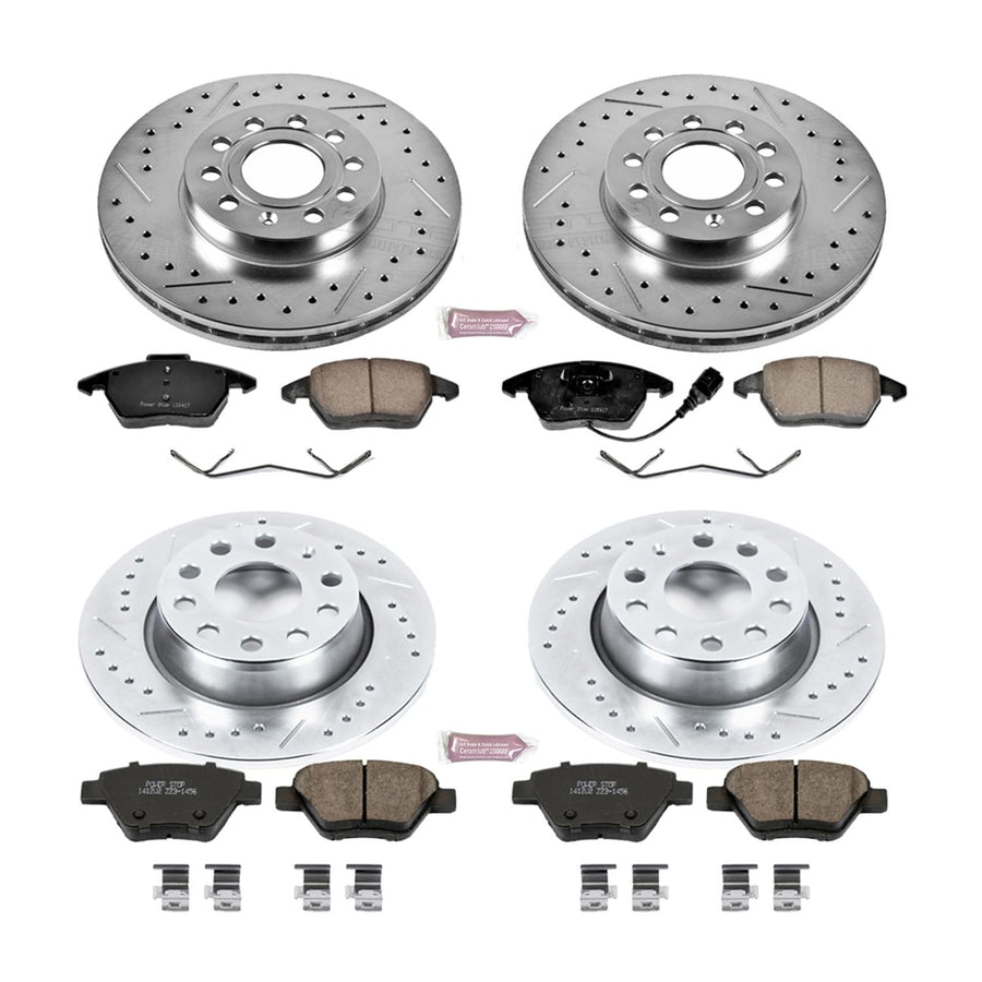 Power Stop K5747 Z23 Carbon Fiber Brake Pads Front and Rear with Drilled & Slotted Brake Rotors Kit