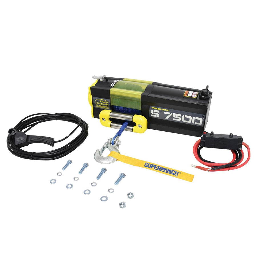 S7500SR Superwinch 1475201 Trailer Winch 7500lb (3402kg) Single Line Pull with Roller Fairlead 5/16" x 55' Synthetic Rope 30.5ft Corded Handheld Remote