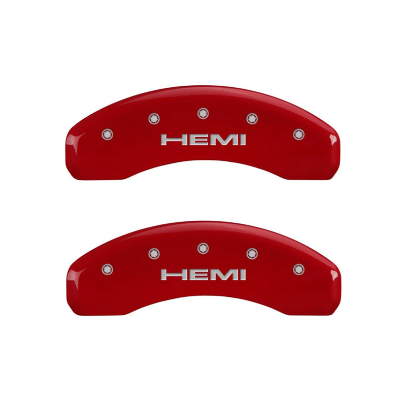 MGP Caliper Covers 'Hemi' Engraved Caliper Cover with Red Powder Coat Finish and Silver Characters, 42002SHEMRD (Set of 4)