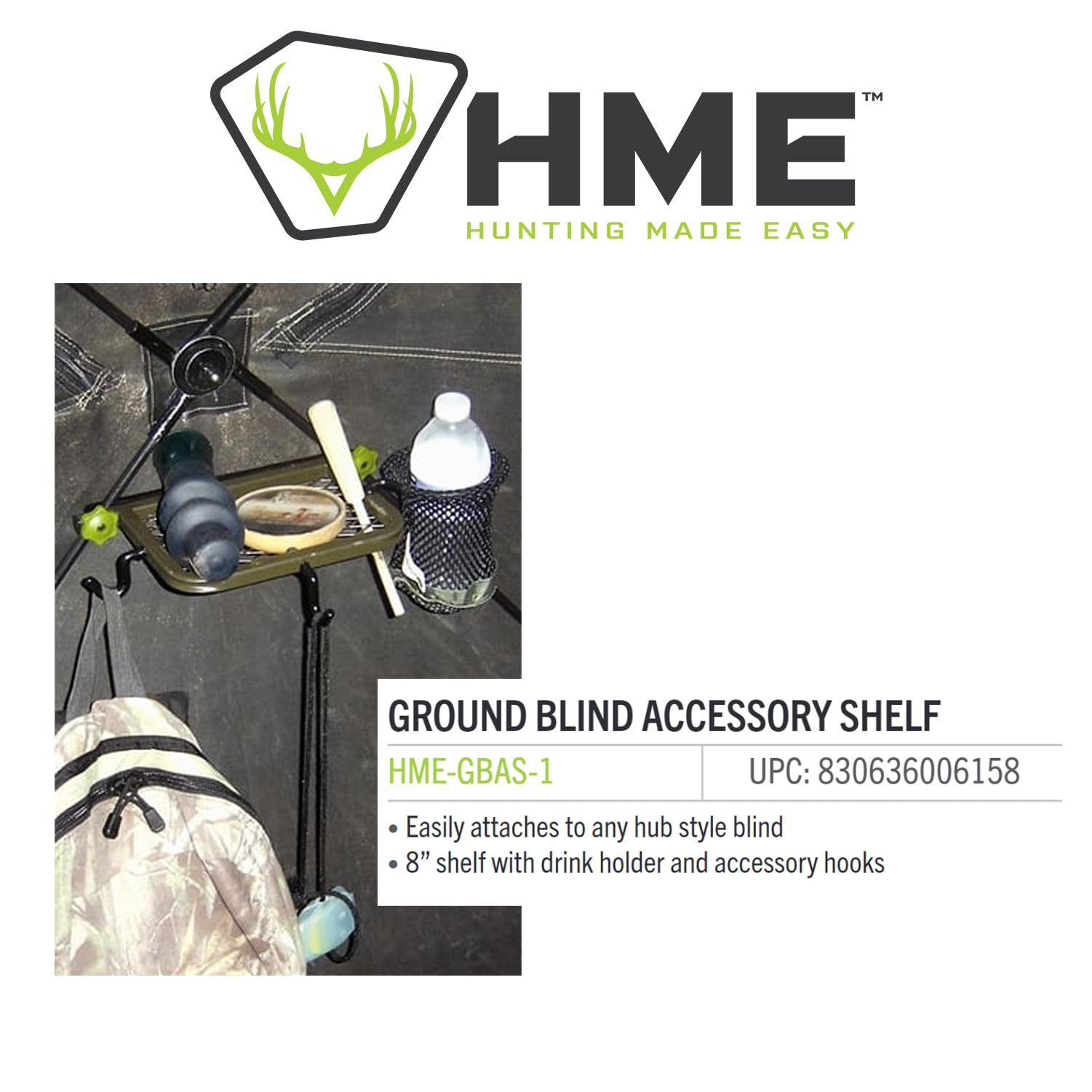 HME Easy-to-Attach Durable Hunting Ground Blind Accessory Shelf (8 Inches) with Drink Holder & Accessory Hooks