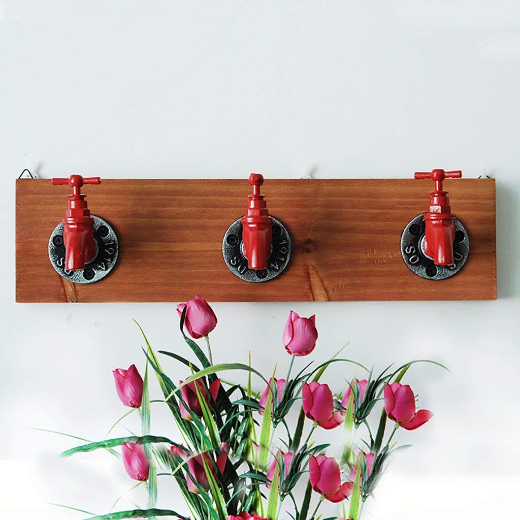 YIMJ Coat Hooks Hookahs Faucet Clothes Hooks Home Bar Wood Wall Storage Rack Retro 3 Coat Hooks Garment, Towels, Hat Hanger Rack Decorative Hooks, Red