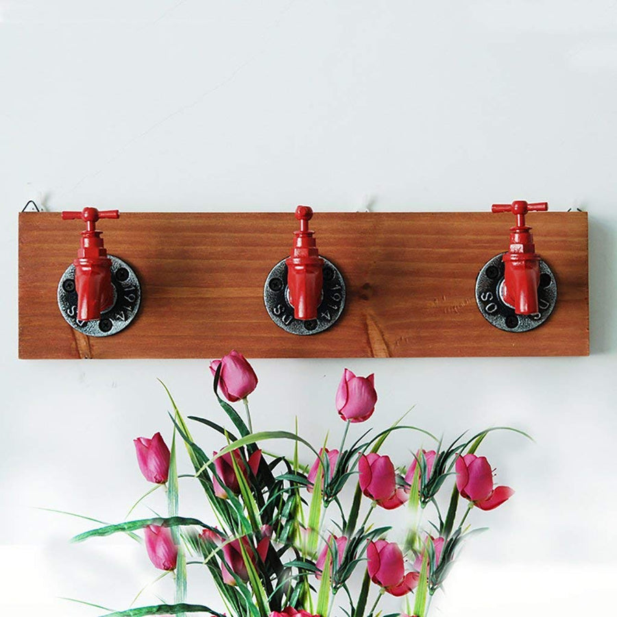 YIMJ Coat Hooks Hookahs Faucet Clothes Hooks Home Bar Wood Wall Storage Rack Retro 3 Coat Hooks Garment, Towels, Hat Hanger Rack Decorative Hooks, Red