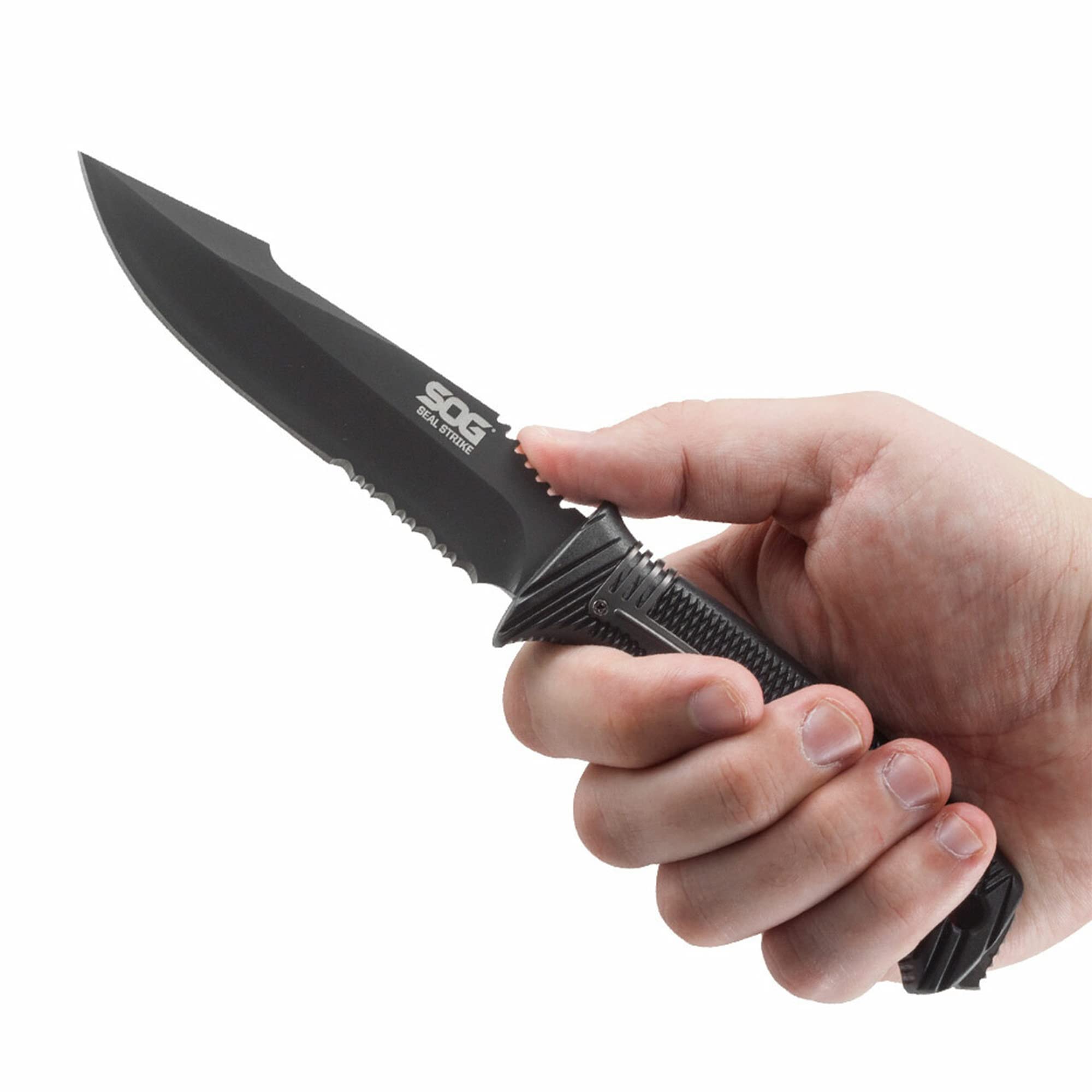 SOG Fixed Blade Seal Strike Knife with Sheath- Tactical and Hunting Knife with 4.9 Inch Partially Serrated Bowie Knife Blade and Survival Knife Line Cutter (SS1003-CP)