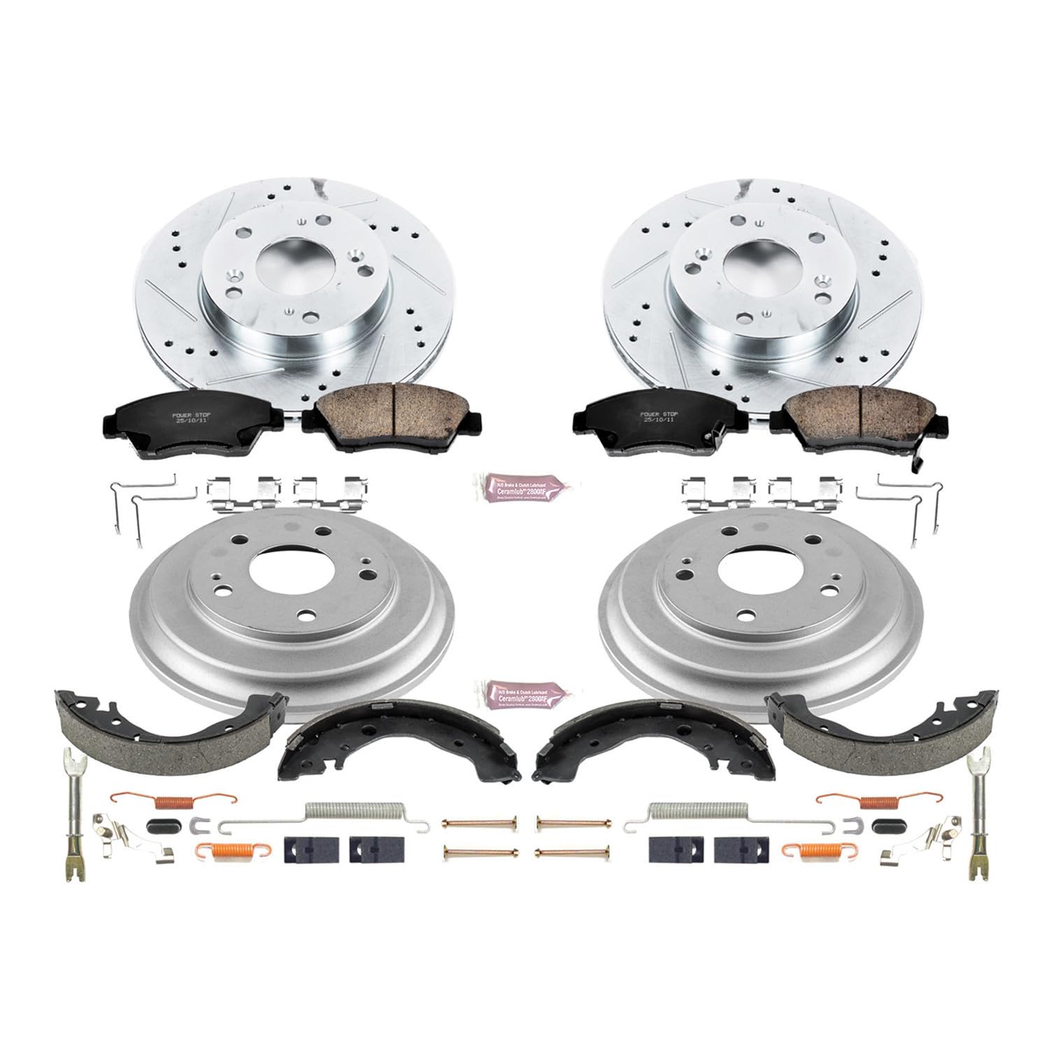 Power Stop K15244DK Z23 Carbon Fiber Brake Pads Front and Rear with Drilled & Slotted Brake Drums Kit For Honda Civic 2013-2015 [Model Specific]