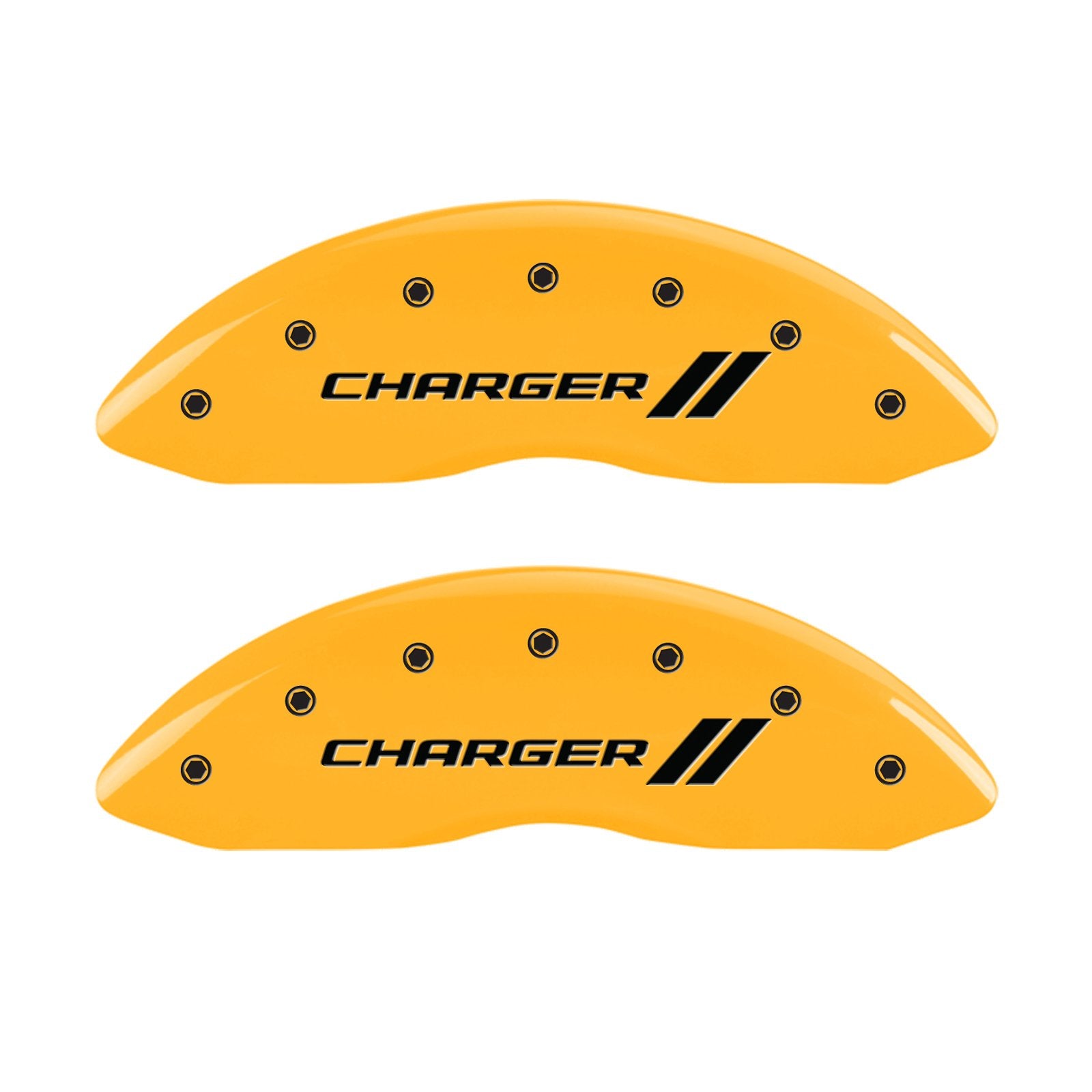 MGP 12088SCH1YL Caliper Covers Yellow (Set of 4, Engraved Front and Rear: With stripes/Charger, Yellow powder coat finish, black characters)